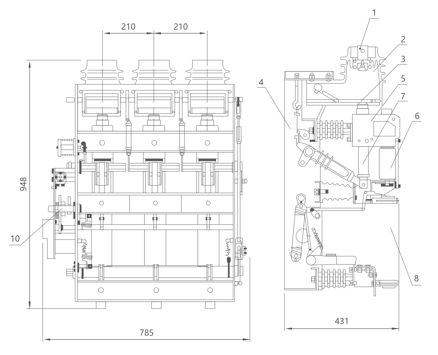 Product Dimension of FZRN25-12 Series 12kV Indoor Vacuum Load Switch